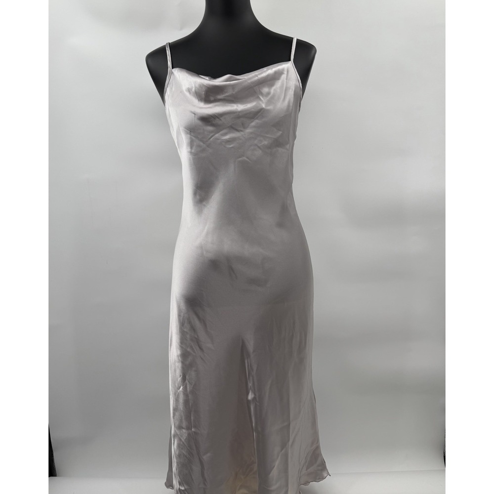 BEBE Silver  Satin Cowl Neck Midi Slip Dress Medium Adjustable Strap Made In USA